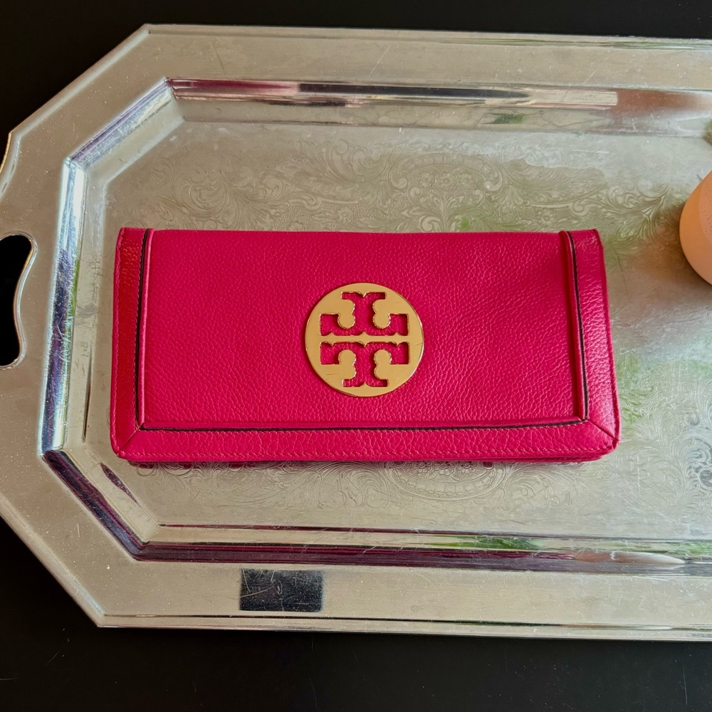 Tory Burch Logo Clutch/Wallet: Hot Pink Leather & Gold Detail
